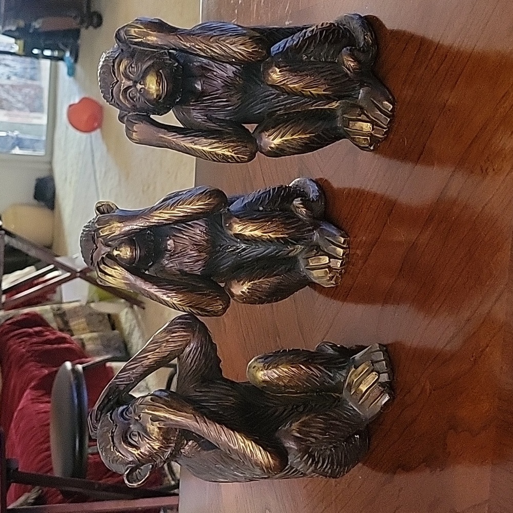 Set of 3 Wise Monkeys Gold Polystone  Sculptures.